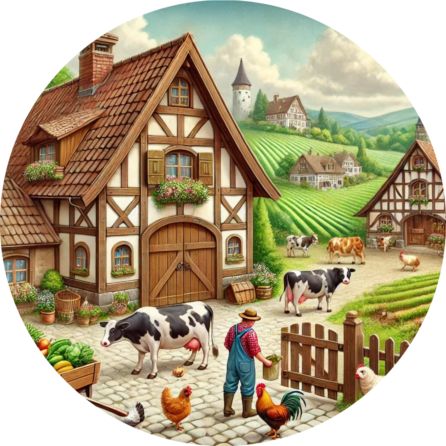 Bauernhof mit Fachwerkhaus und vielen Tieren im Hof