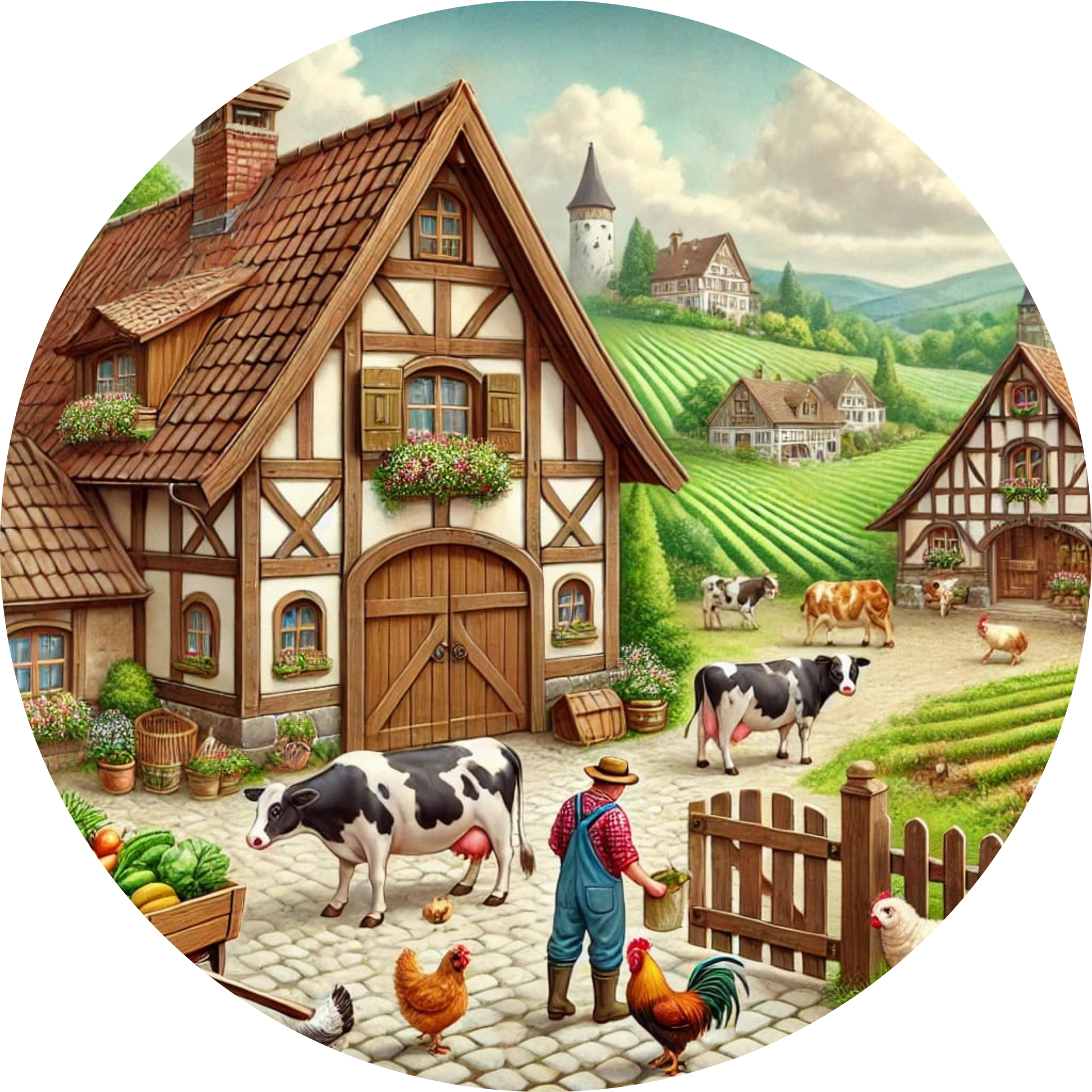 Bauernhof mit Fachwerkhaus und vielen Tieren im Hof