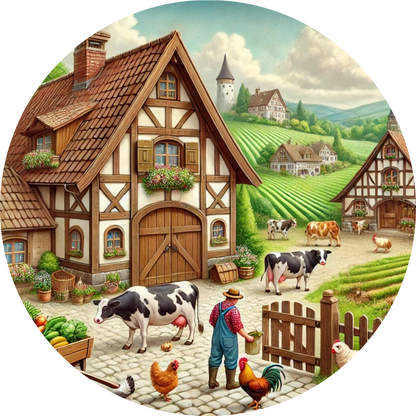 Bauernhof mit Fachwerkhaus und vielen Tieren im Hof