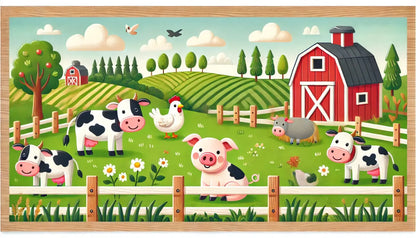 Bauernhoftiere wie Kuh, Schwein und Huhn auf Wiese mit Holzzaun.