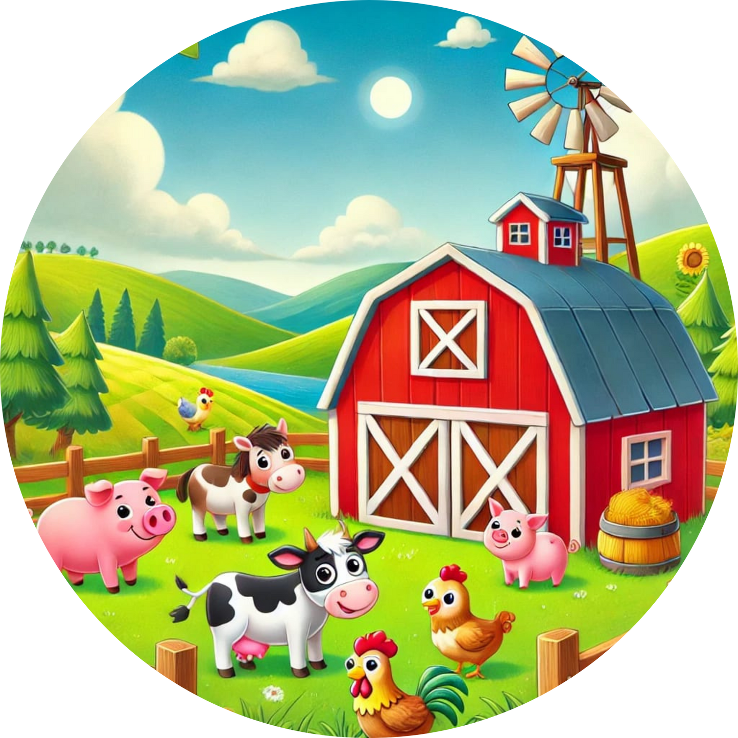 Bunter Bauernhof mit vielen Tieren vor rotem Stall