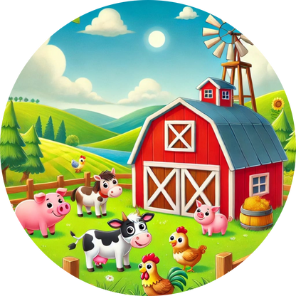 Bunter Bauernhof mit vielen Tieren vor rotem Stall