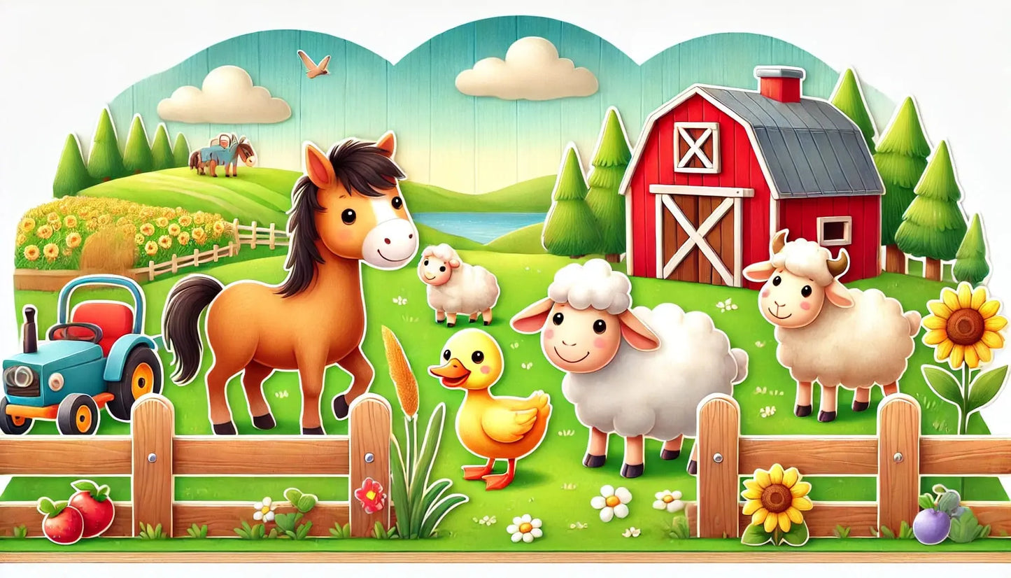 Bauernhof mit Pferd, Schwein und Enten vor rotem Stall auf grüner Wiese.