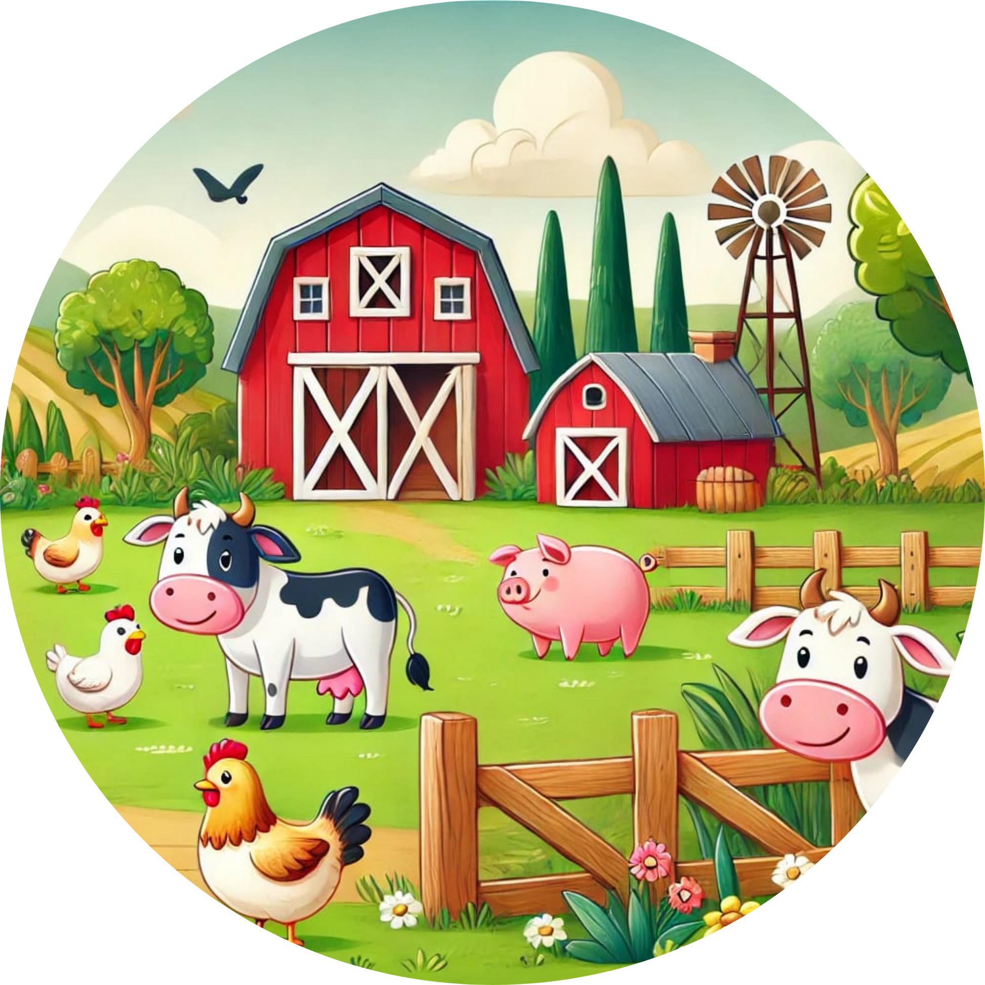 Bauernhof mit Schwein, Kuh und Hühnern vor einer roten Scheune – ländliche Idylle
