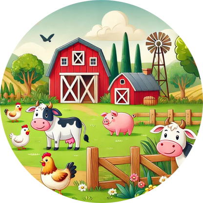 Bauernhof mit Schwein, Kuh und Hühnern vor einer roten Scheune – ländliche Idylle
