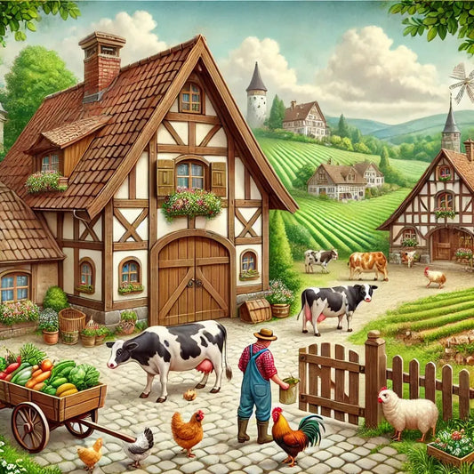 Bauernhofszene mit Tieren und Familie vor einem Fachwerkhaus.