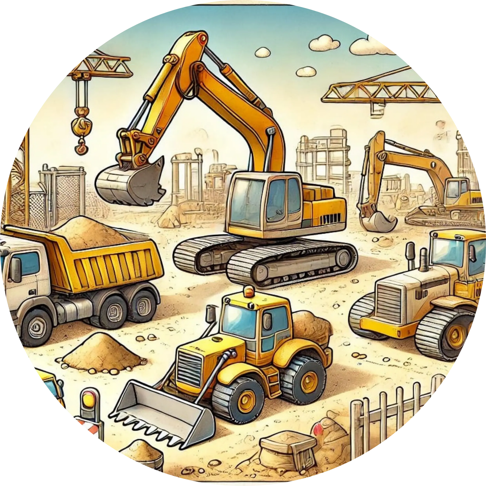 Verschiedene Baufahrzeuge auf einer Großbaustelle – Bagger, Kran, LKW.