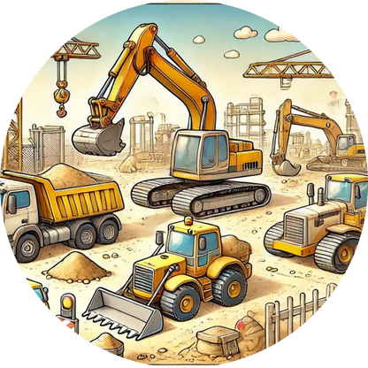Verschiedene Baufahrzeuge auf einer Großbaustelle – Bagger, Kran, LKW.