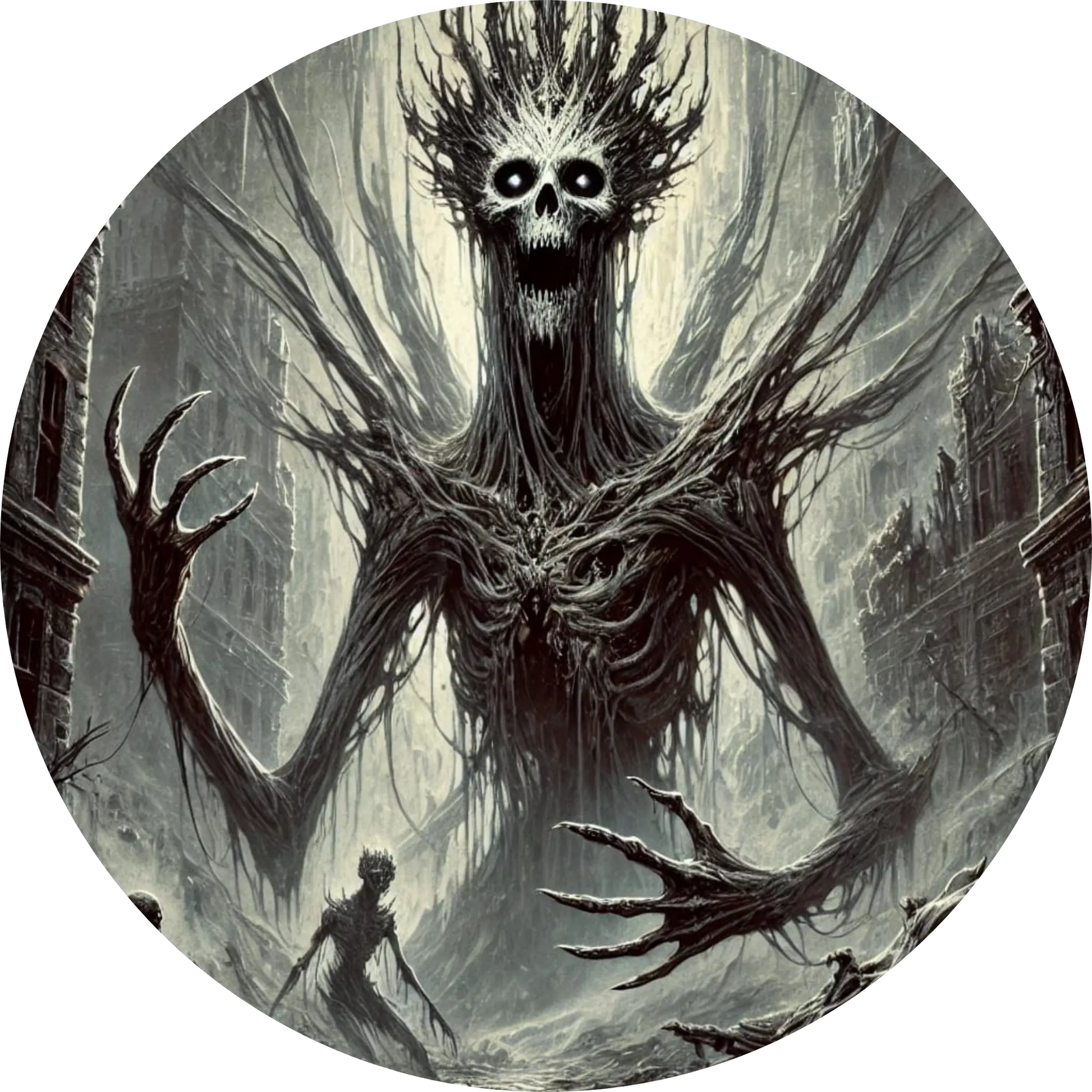 Monströse Kreatur mit langen Armen und leerem Blick in winterlicher Landschaft
