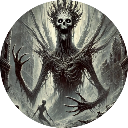 Monströse Kreatur mit langen Armen und leerem Blick in winterlicher Landschaft
