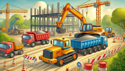 Verschiedene Baufahrzeuge arbeiten gemeinsam auf einer Großbaustelle.