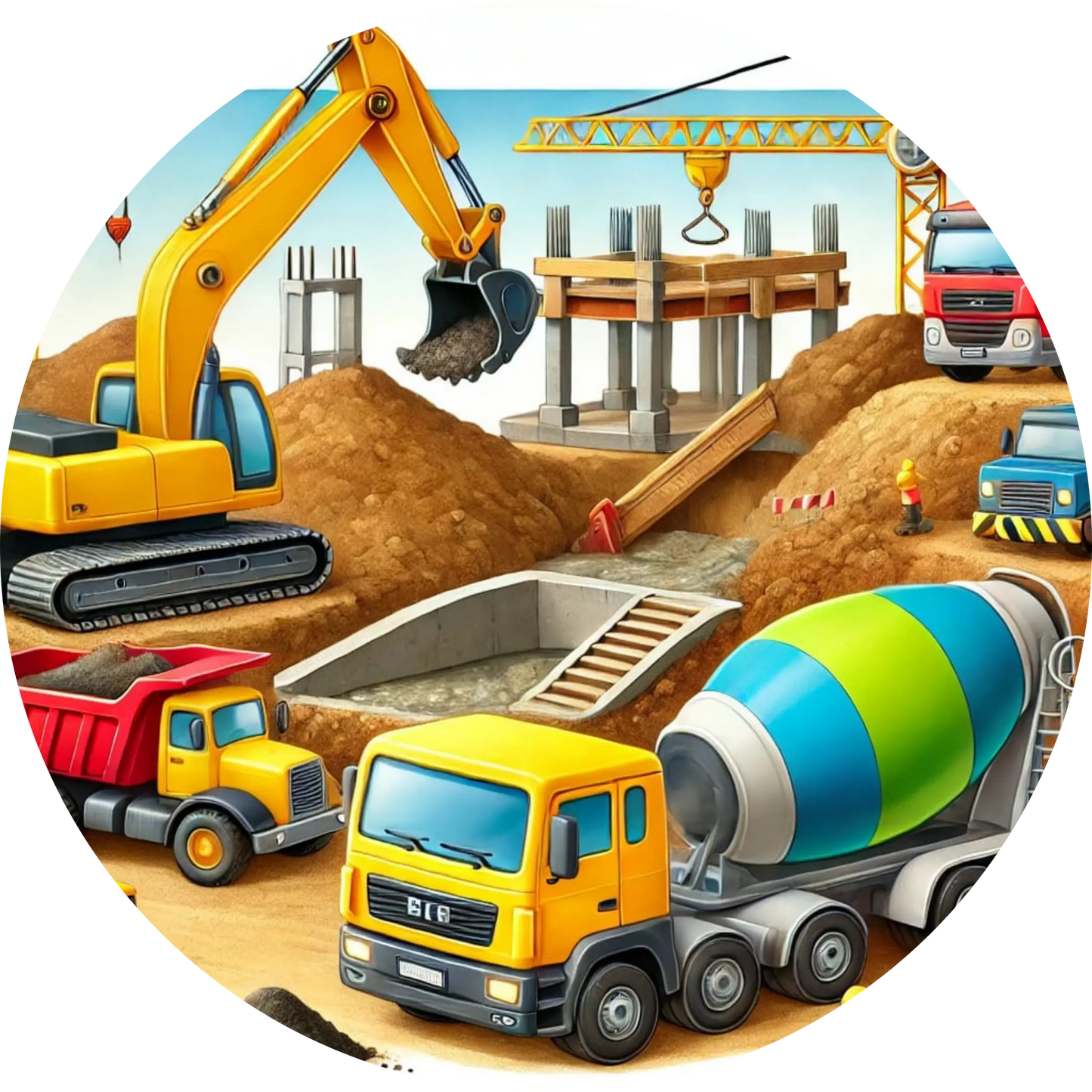 Baustelle mit Bagger, Zementmischer und Kipper nebeneinander.