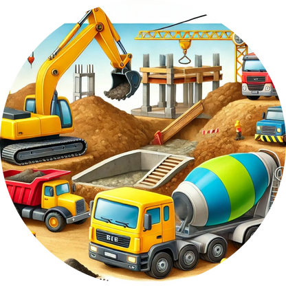 Baustelle mit Bagger, Zementmischer und Kipper nebeneinander.