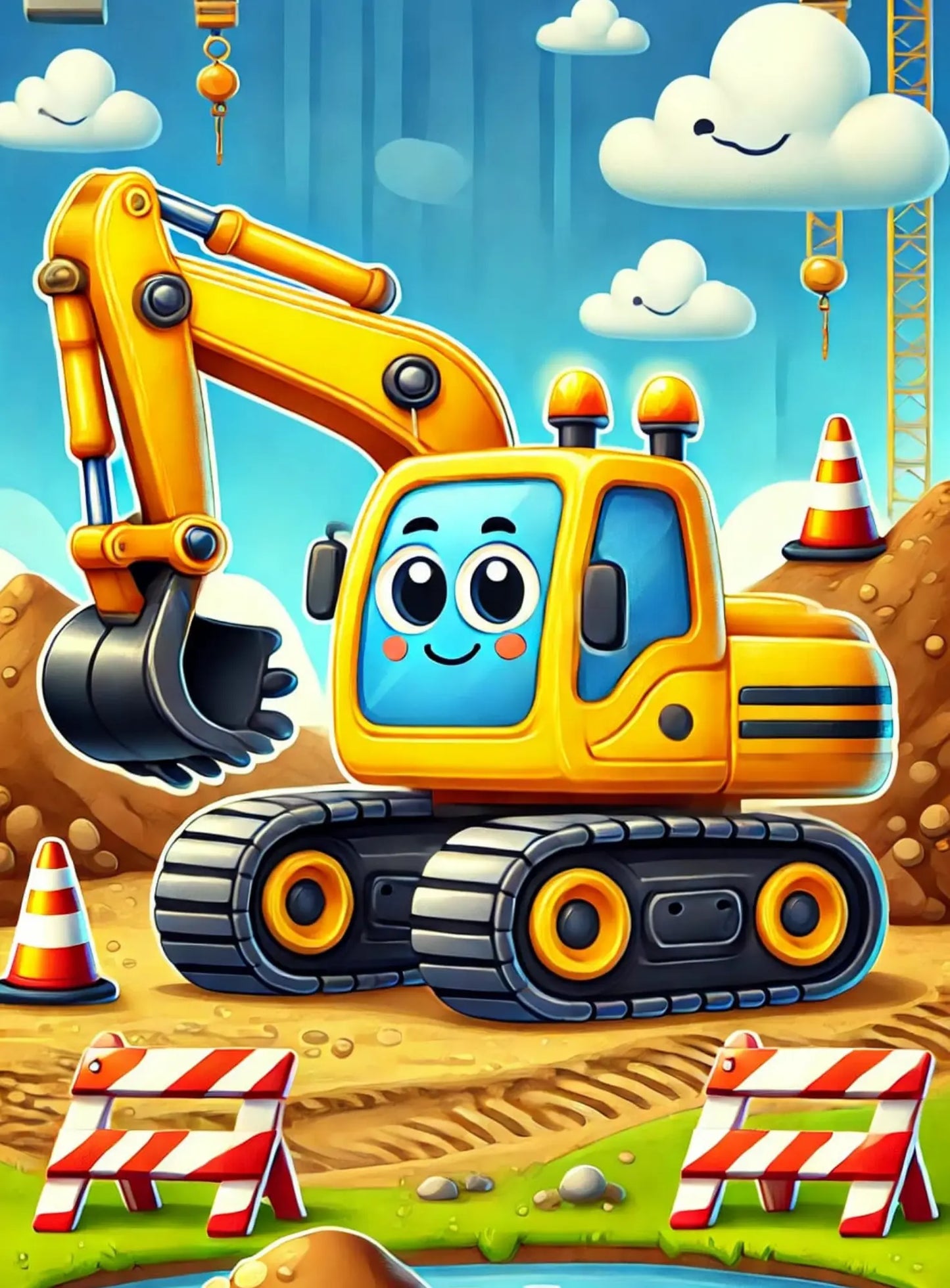 Comic-artiger Baustellenlaster mit Gesicht auf einer Kinderbaustelle.