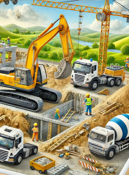 Baustellenfahrzeuge im Einsatz bei Erdarbeiten in städtischem Umfeld.