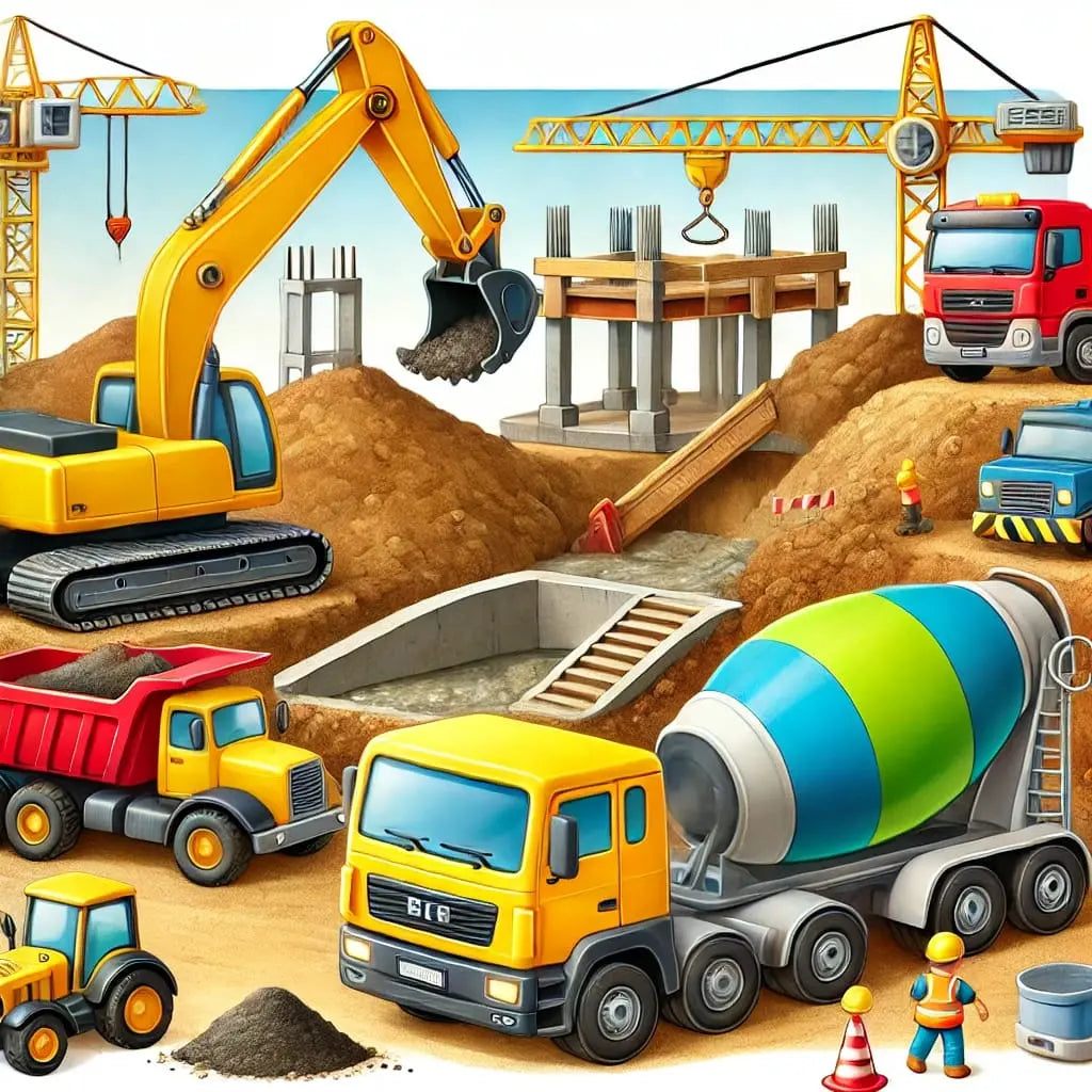 Betonmischer und Kipplaster auf einer kindlichen Baustellenszene.