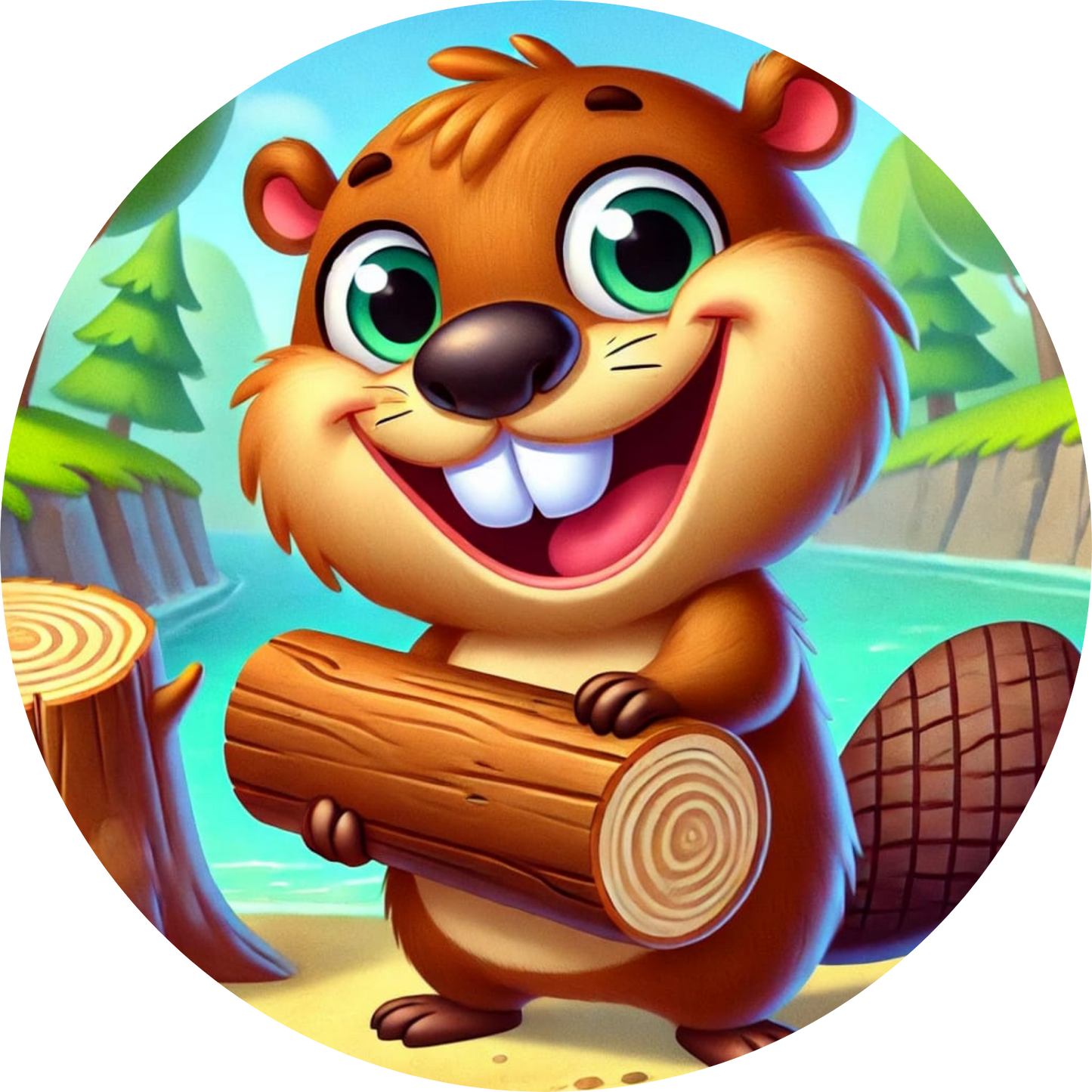 Fröhlicher Biber hält ein Holzstück vor hellem Hintergrund

