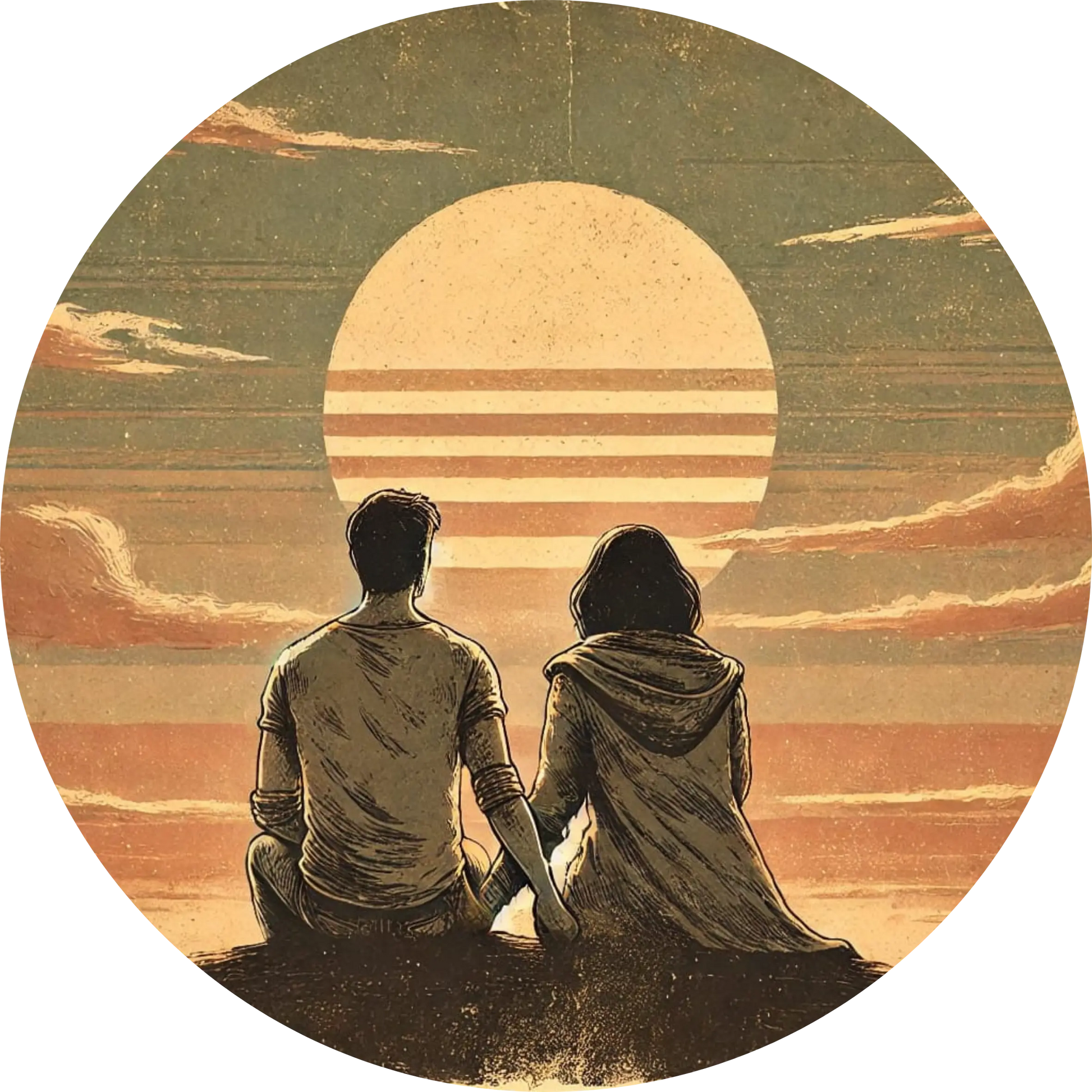 Silhouetten eines Paares im Sonnenuntergang, Rückenansicht – symbolisiert gemeinsame Zukunft.