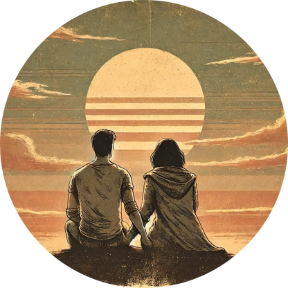 Silhouetten eines Paares im Sonnenuntergang, Rückenansicht – symbolisiert gemeinsame Zukunft.