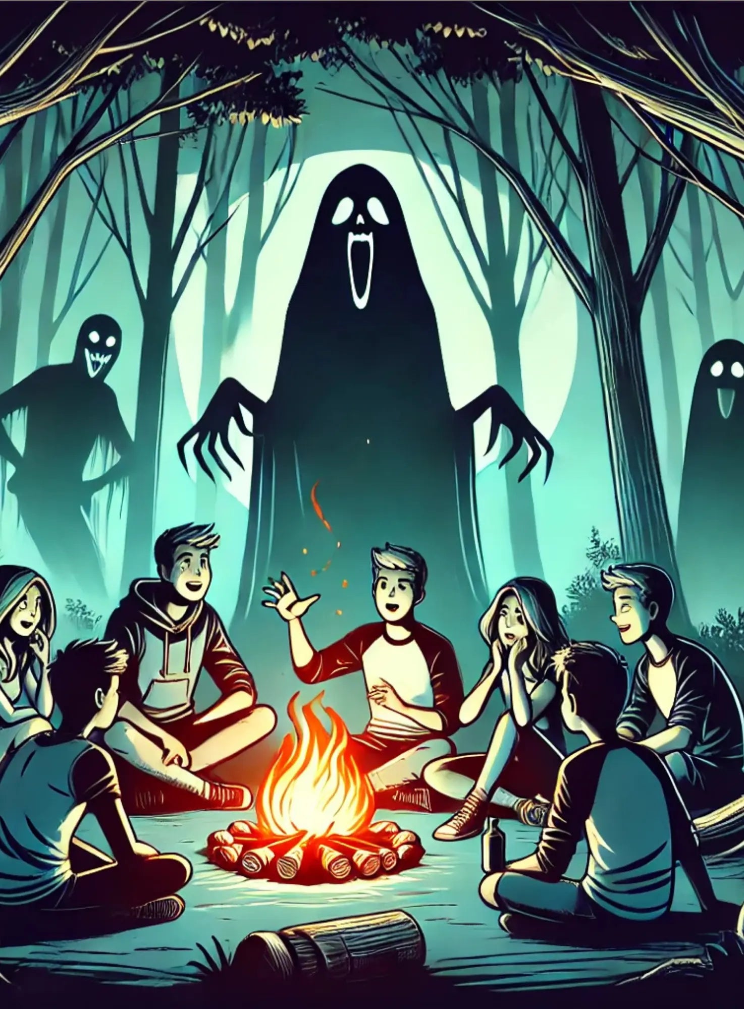 Freundeskreis beim Lagerfeuer, während geisterhafte Gestalten aus dem dunklen Wald auftauchen – Gänsehaut garantiert.“