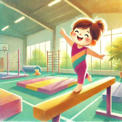 Kind turnt auf einem bunten Spielgerät in der Turnhalle.