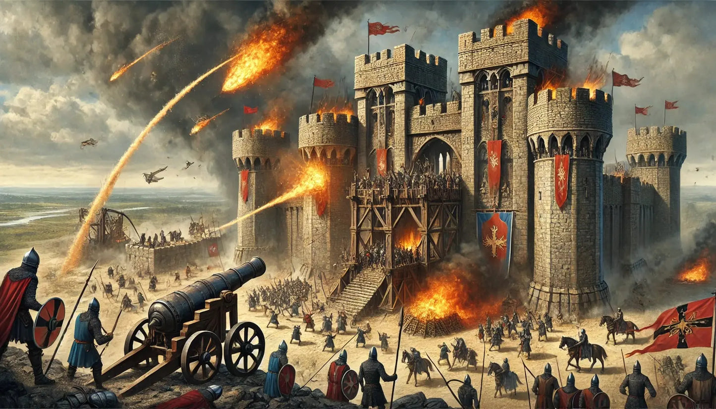 Dramatische Belagerung einer Burg mit Feuer, Katapulten und explodierenden Mauern.