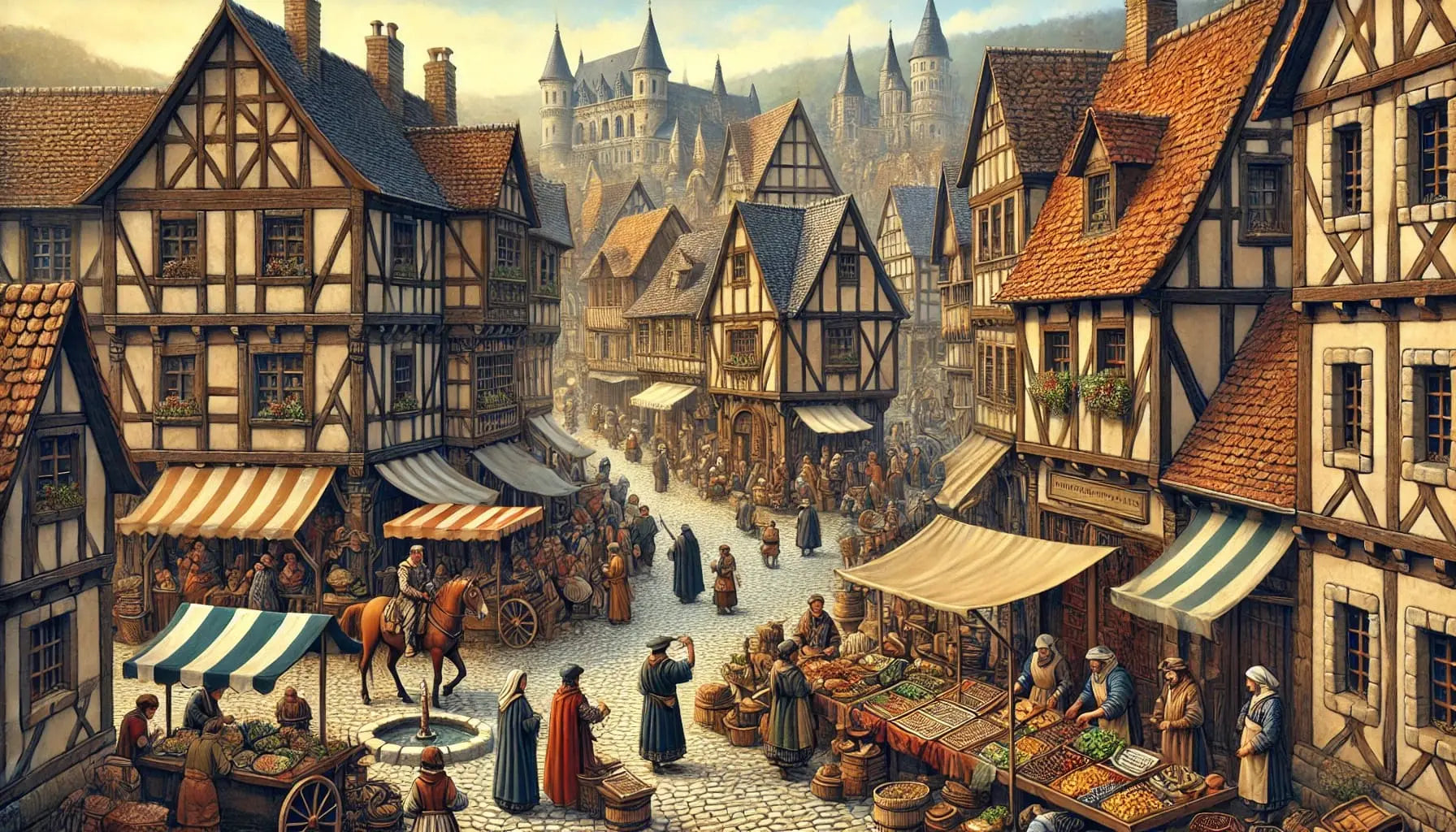 Belebter mittelalterlicher Marktplatz mit Fachwerkhäusern, Marktständen und Menschen in historischer Kleidung – im Hintergrund ragt eine große Burg empor.
