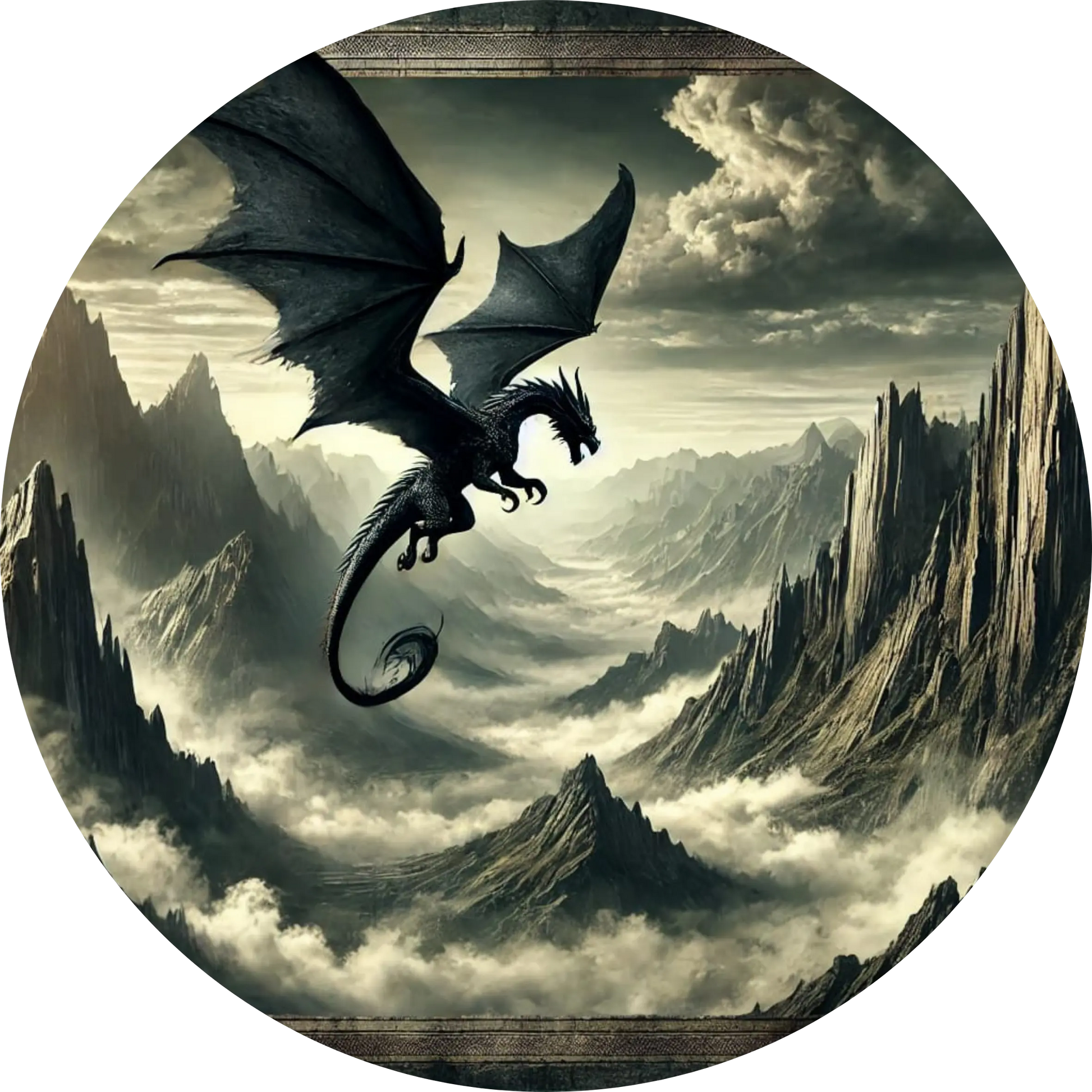 Drache im Flug über zerklüfteter Gebirgslandschaft