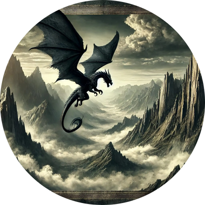 Drache im Flug über zerklüfteter Gebirgslandschaft