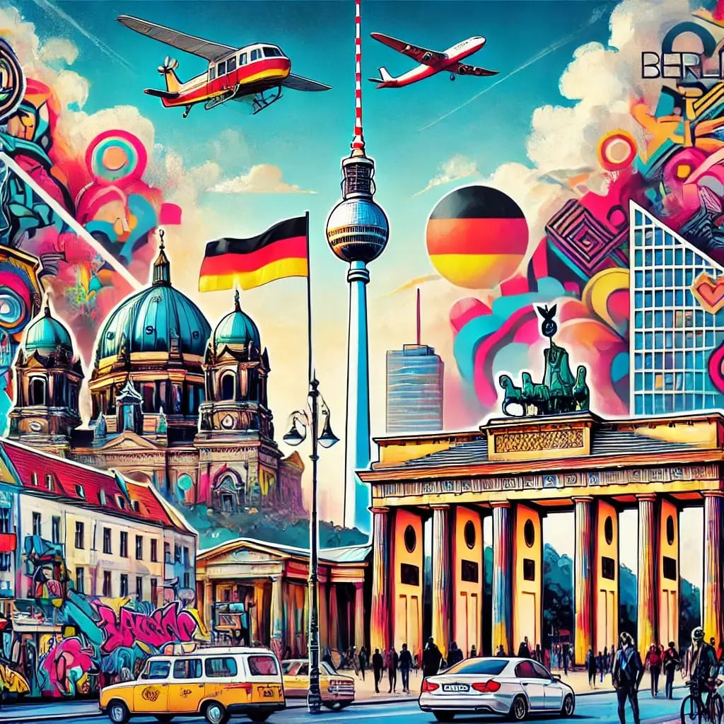 Berlin mit Fernsehturm, Heißluftballons und Skyline – Buntes Stadtmotiv mit Berliner Wahrzeichen in fantasievoller Szene.
