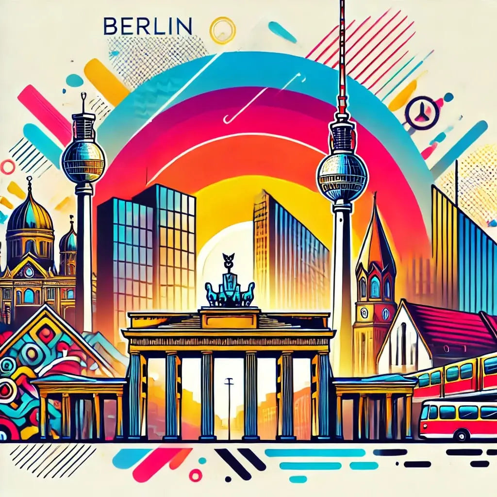 Berlin-Collage mit Fernsehturm, Reichstag und buntem Design – Modernes Stadtmotiv mit grafischen Elementen und leuchtenden Farben.
