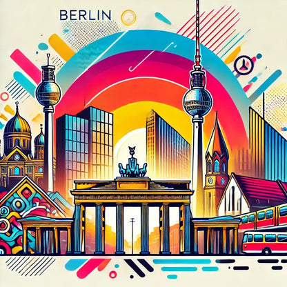 Berlin-Collage mit Fernsehturm, Reichstag und buntem Design – Modernes Stadtmotiv mit grafischen Elementen und leuchtenden Farben.