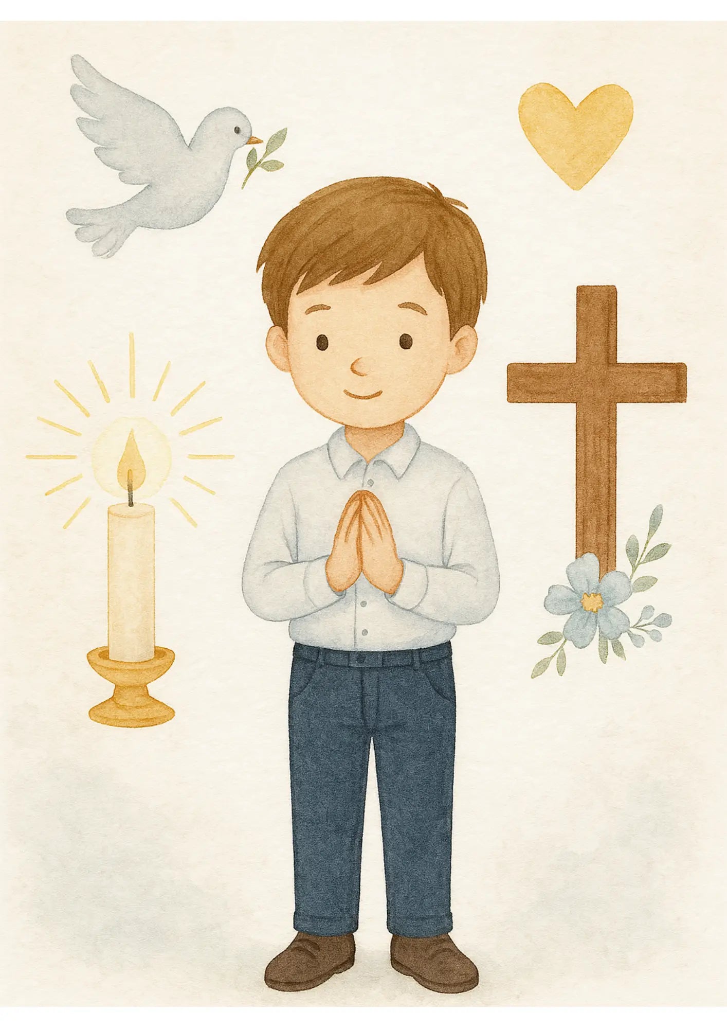 Betender Junge mit Kreuz, Kerze und Taube – schlichtes Motiv zur Kommunion oder Konfirmation