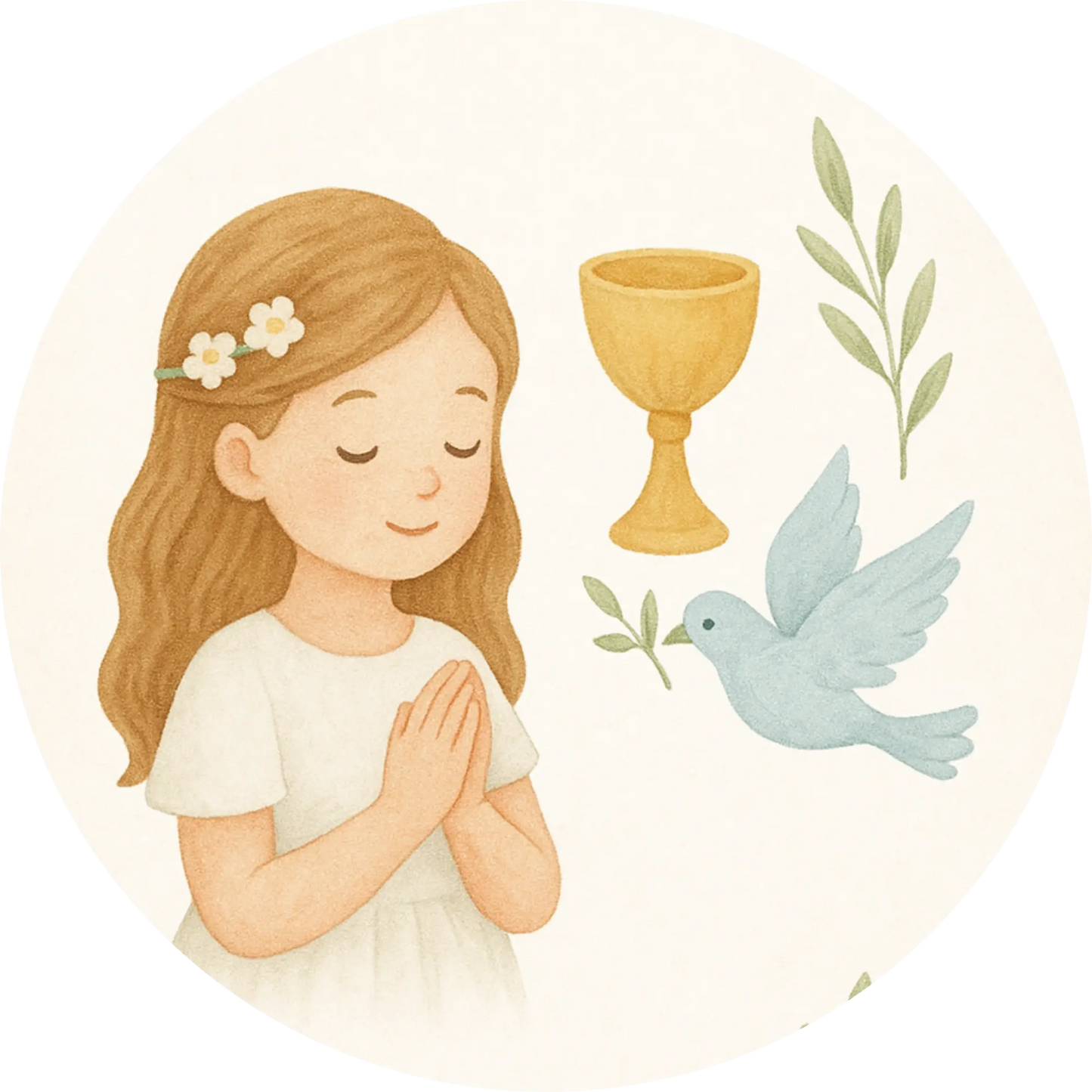 Mädchen mit Taube, Kelch und betenden Händen – Erstkommunion-Motiv