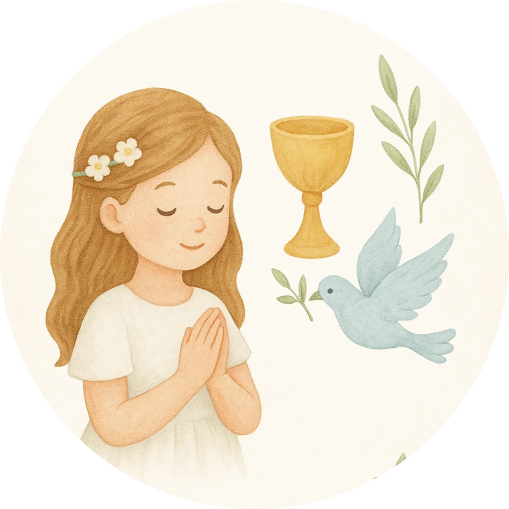 Mädchen mit Taube, Kelch und betenden Händen – Erstkommunion-Motiv