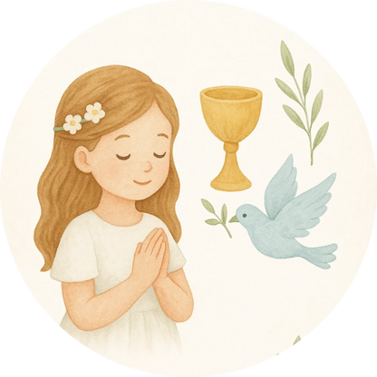 Mädchen mit Taube, Kelch und betenden Händen – Erstkommunion-Motiv