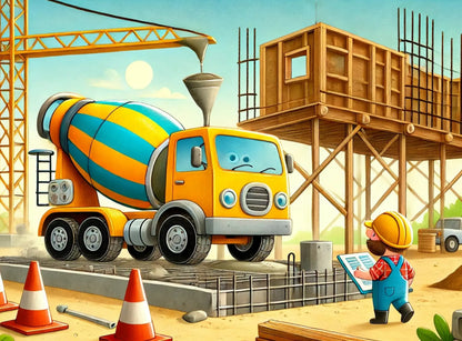 Betonmischer fährt auf einer Baustelle mit Kranen im Hintergrund.