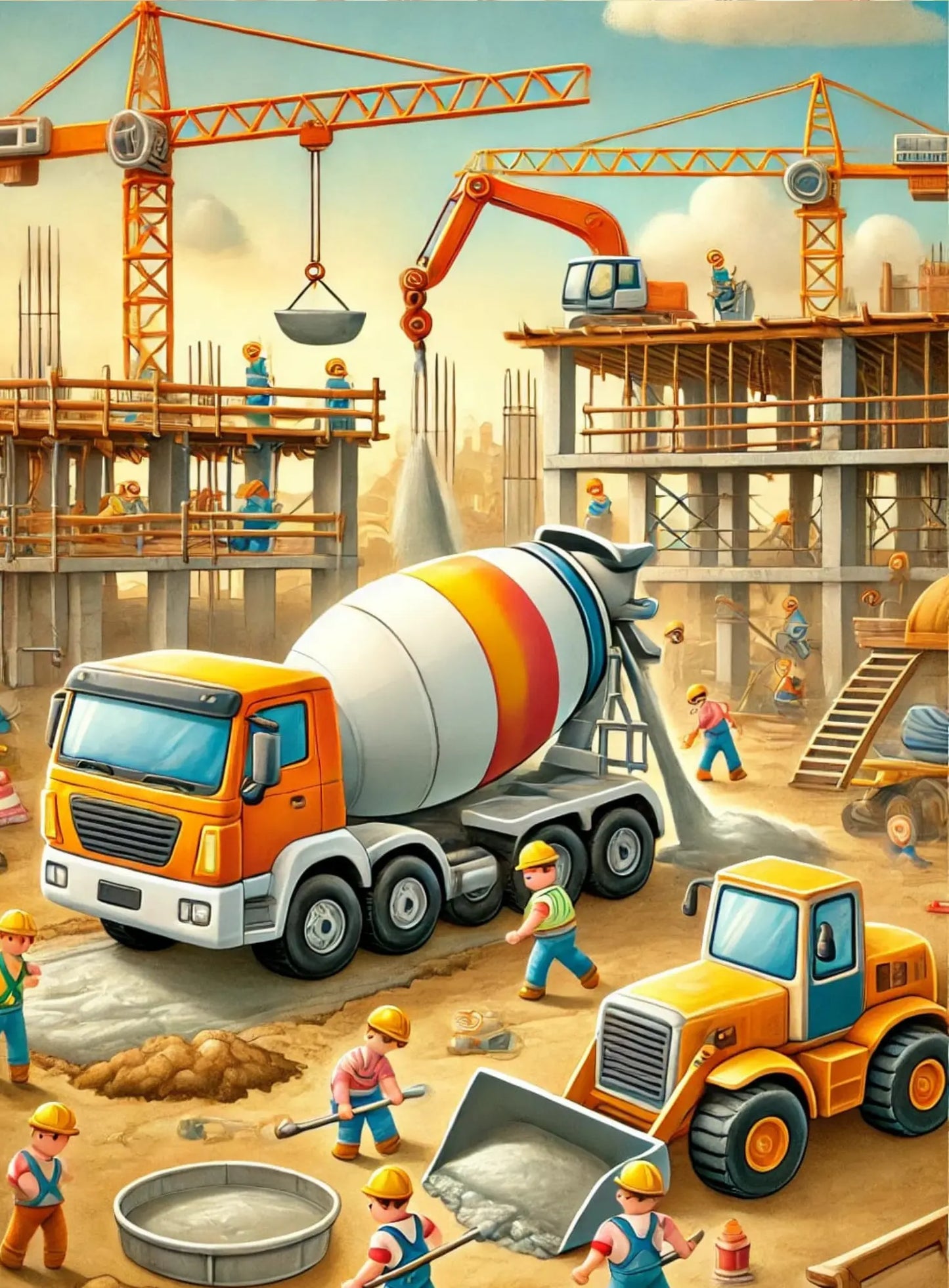 Betonmischer mit rot-gelbem Streifen-Design neben Baustellenmaterial.