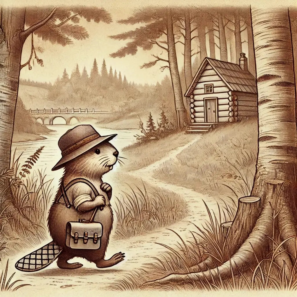 Biber im Vintage-Stil mit Pilzkorb auf dem Weg zur Waldhütte – Sepiafarben
