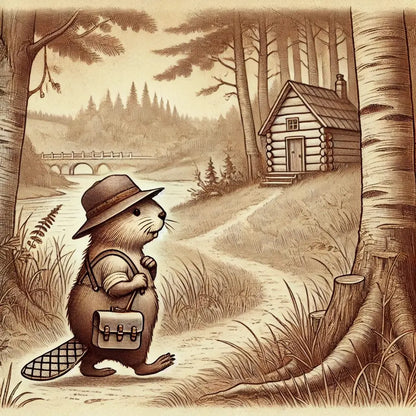 Biber im Vintage-Stil mit Pilzkorb auf dem Weg zur Waldhütte – Sepiafarben