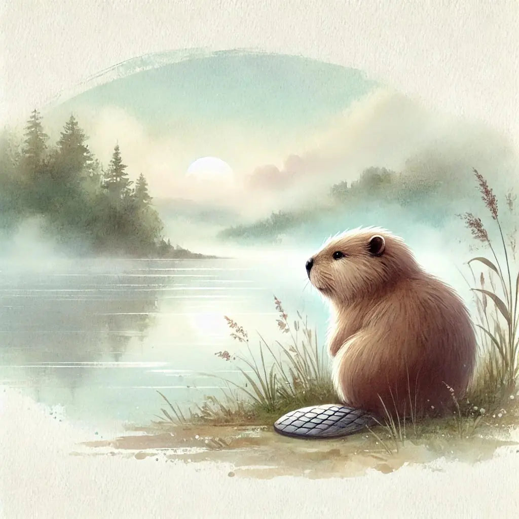 Biber blickt verträumt auf den ruhigen See – pastellfarbenes Naturmotiv