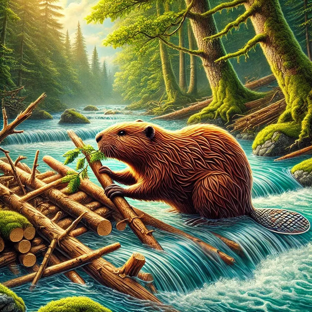 Biber bei der Arbeit an einem Damm in einem dichten Wald, realistisch