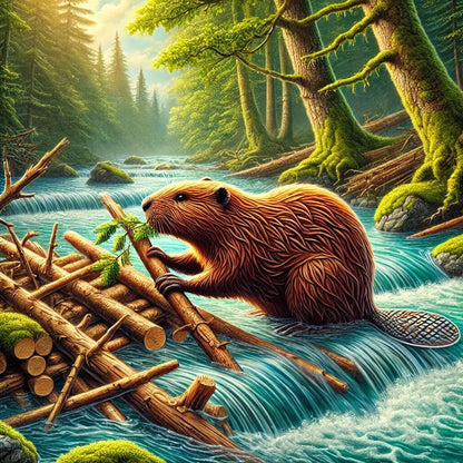 Biber bei der Arbeit an einem Damm in einem dichten Wald, realistisch