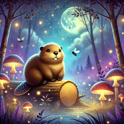 Biber sitzt auf einem leuchtenden Pilz unter Sternenhimmel – magisch-fantastisch