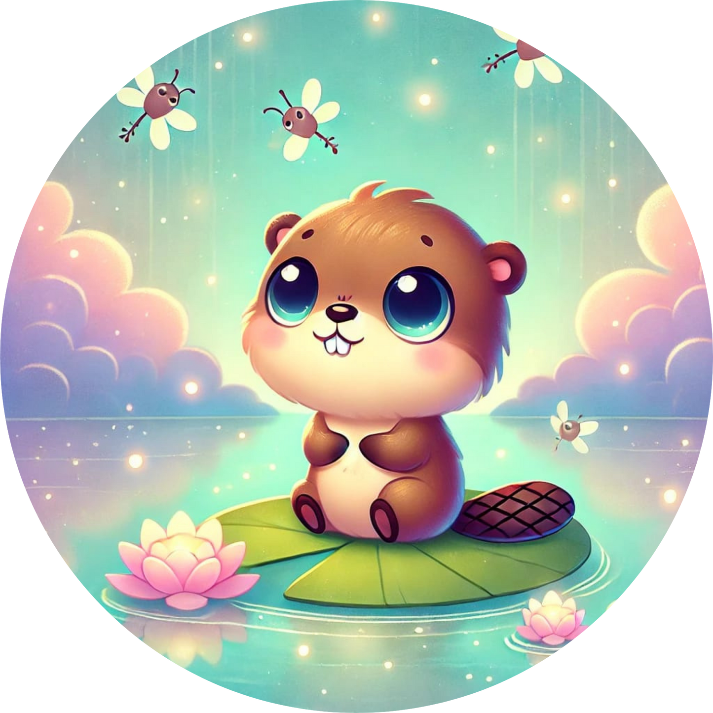  Kleiner Biber schaut neugierig vor pastellfarbenem Himmel