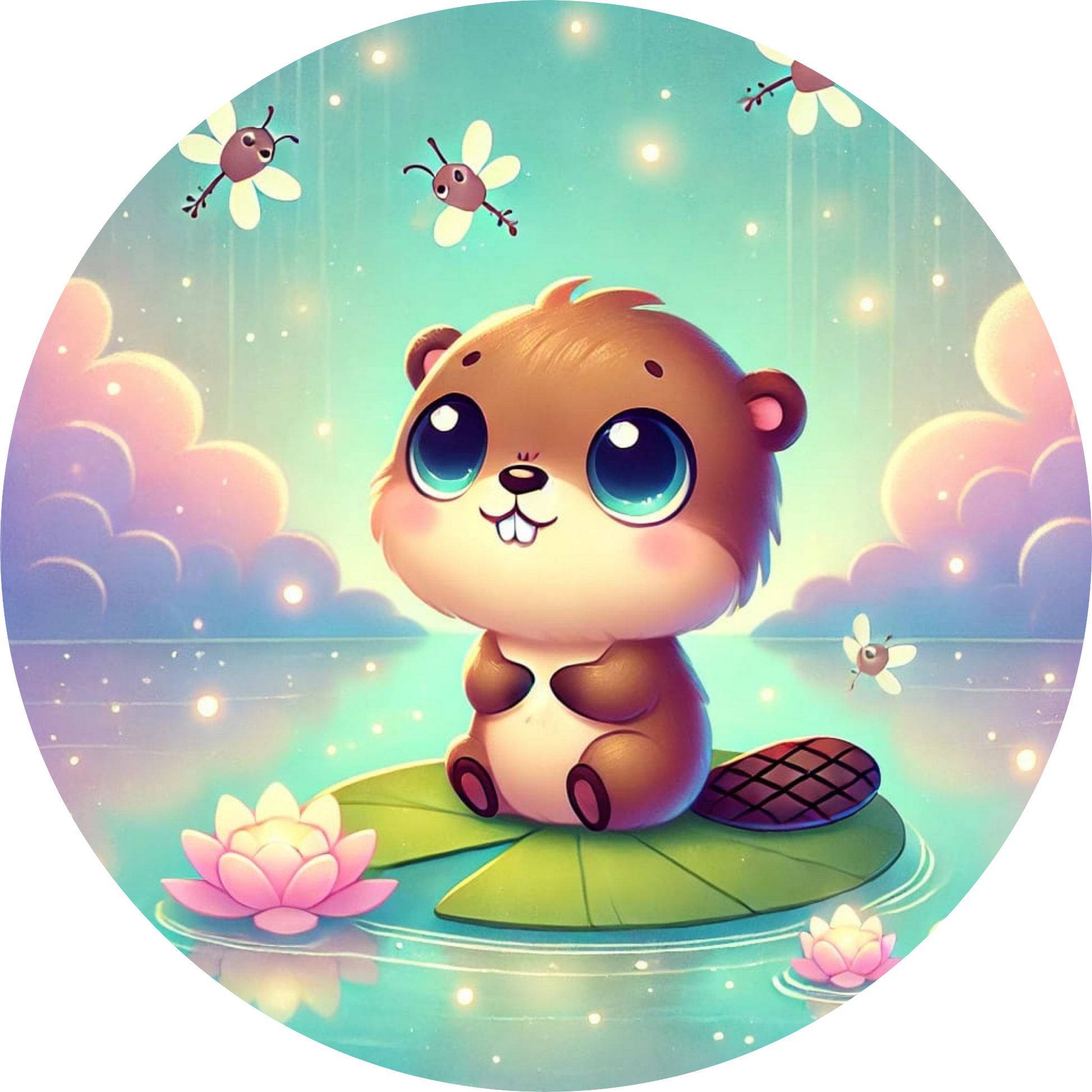  Kleiner Biber schaut neugierig vor pastellfarbenem Himmel