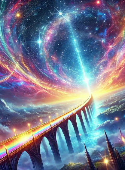 Mystische Regenbogenbrücke in leuchtendem Sternennebel – künstlerische Interpretation von Bifröst, dem Pfad nach Asgard.