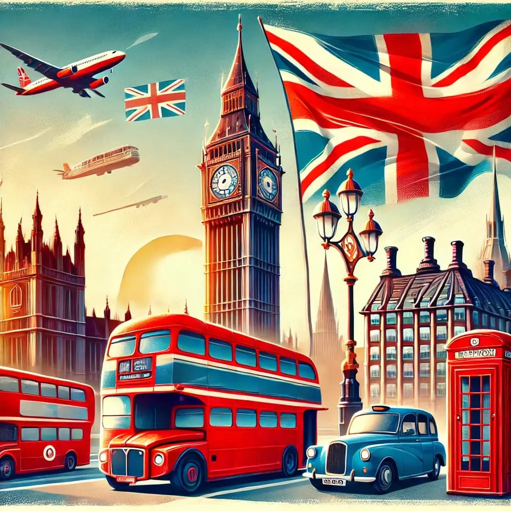 Collage mit Big Ben, rotem Doppeldeckerbus, Tower Bridge und britischer Flagge – stilisiert im Retro-Design mit Flieger im Himmel.