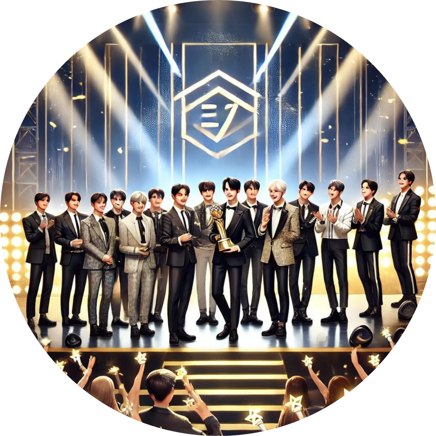 Große Boygroup auf der Bühne mit goldenen Lichtern im Hintergrund