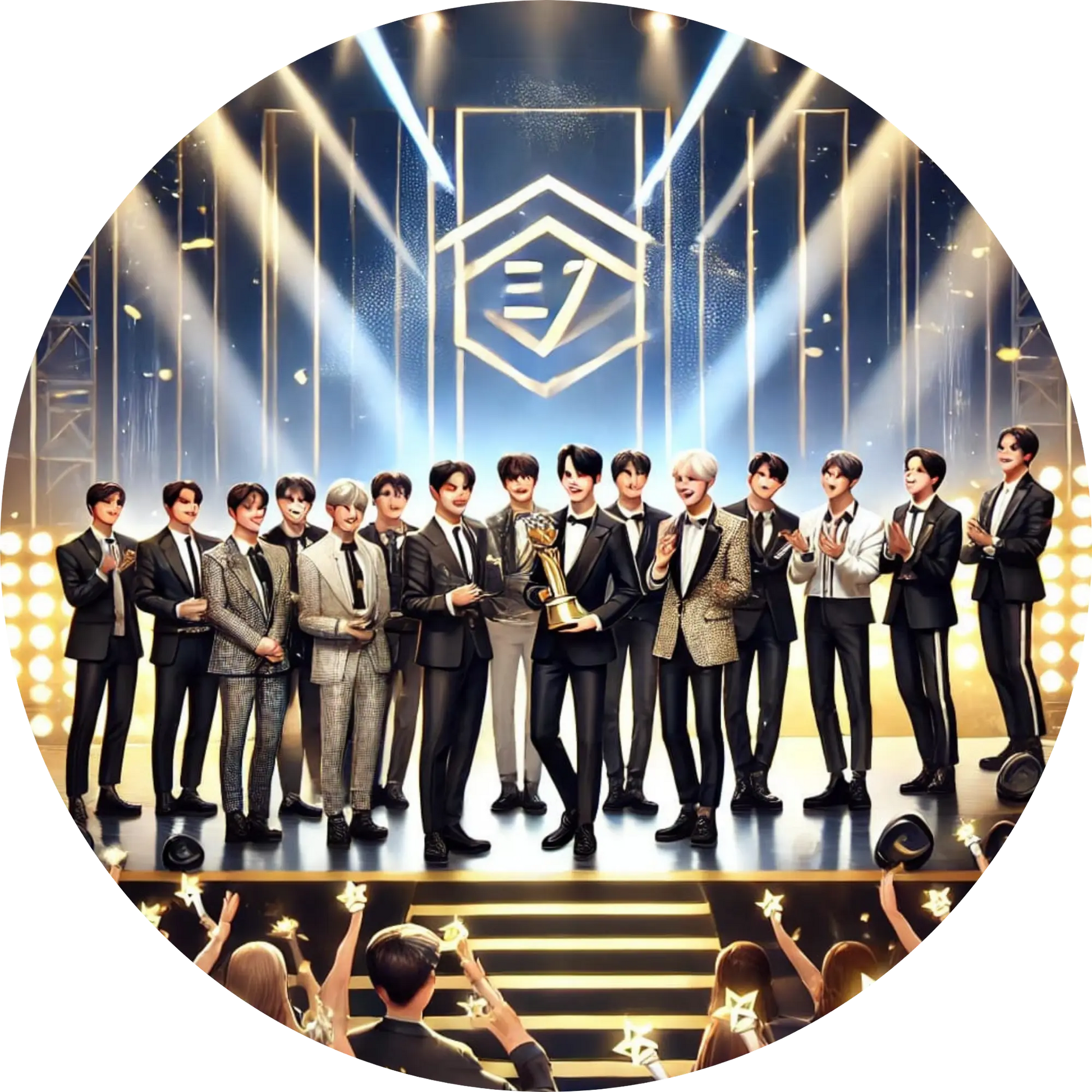 Große Boygroup auf der Bühne mit goldenen Lichtern im Hintergrund